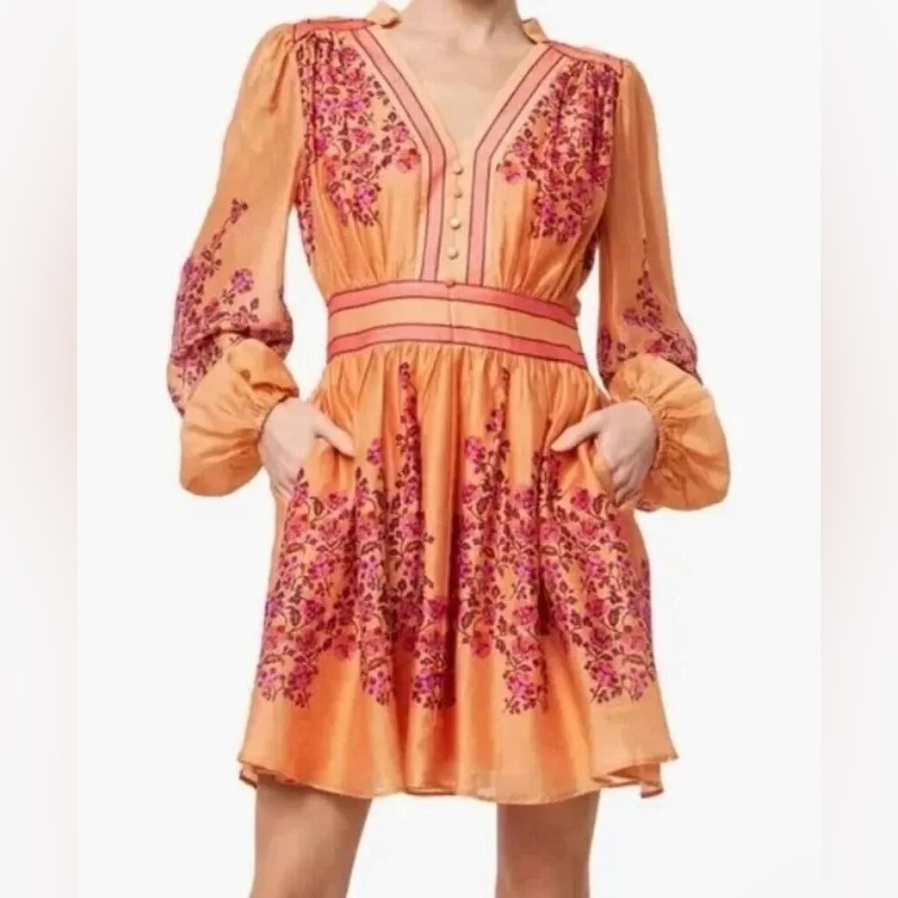 CIEBON Mango Orange Purple Floral Long Sleeve Linen Blend Dress! - Picture 4 of 15